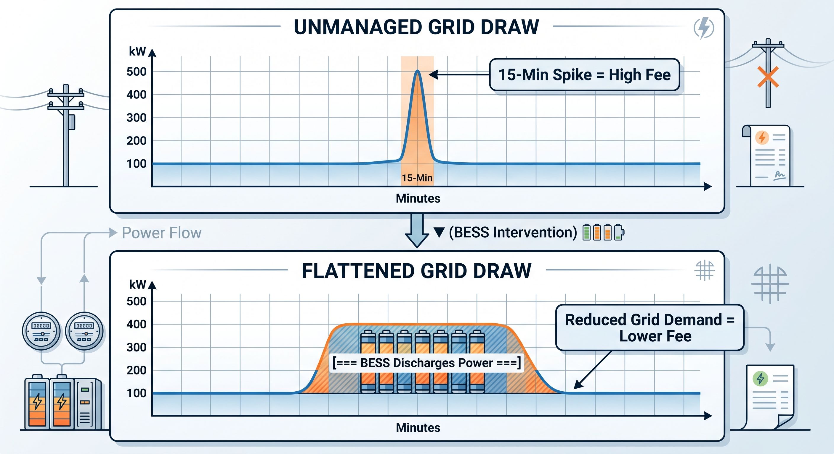 Solar + Battery Energy Storage Systems (BESS) help reducing demand charge.