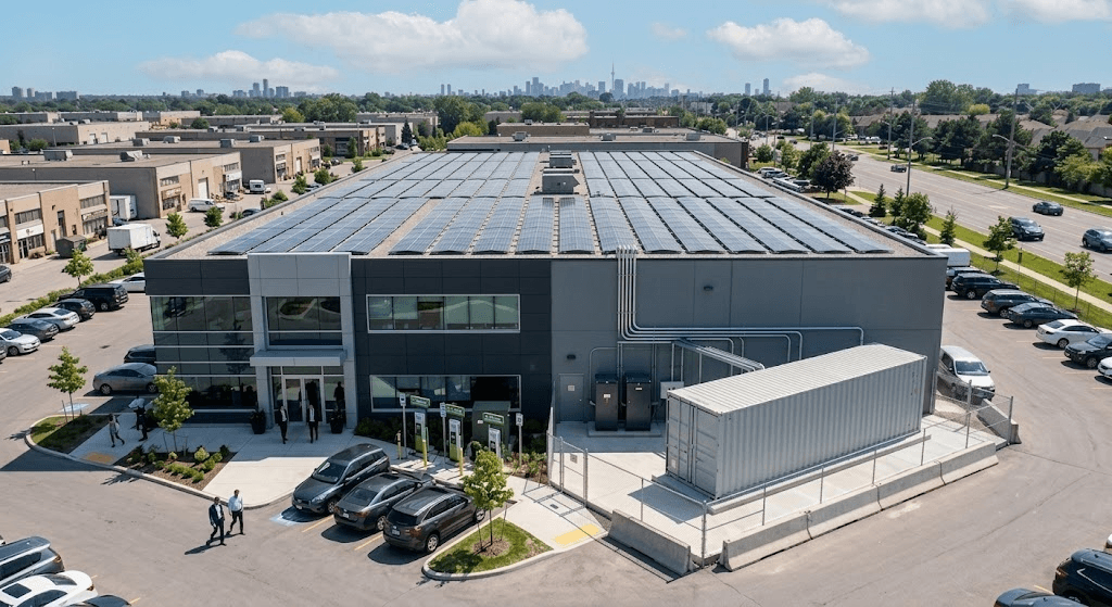 Commercial building installed solar panels and battery energy storage system.